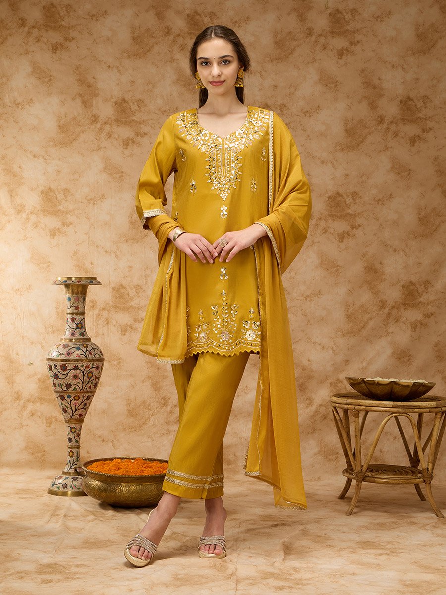 Yellow Zari Embroidered Kurta, Pants and Dupatta Set
