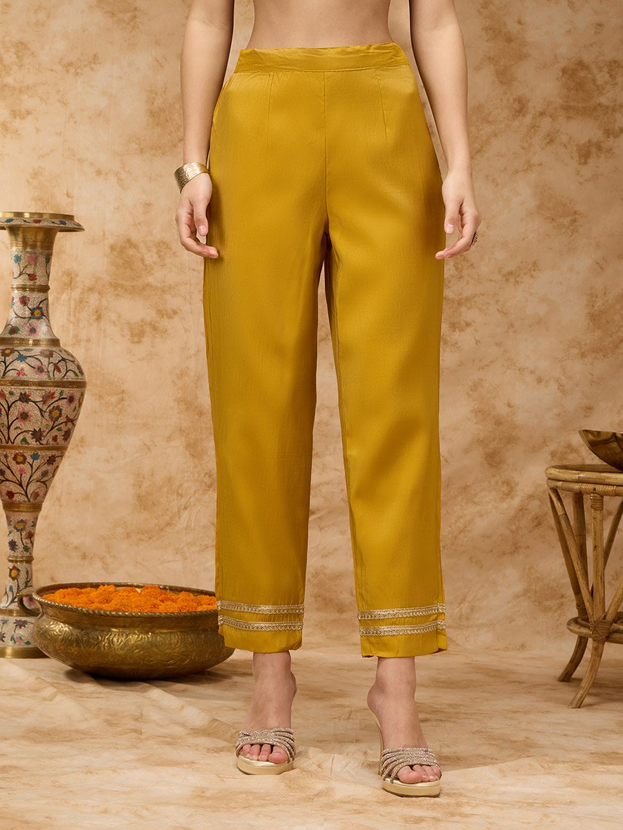 Yellow Zari Embroidered Kurta, Pants and Dupatta Set