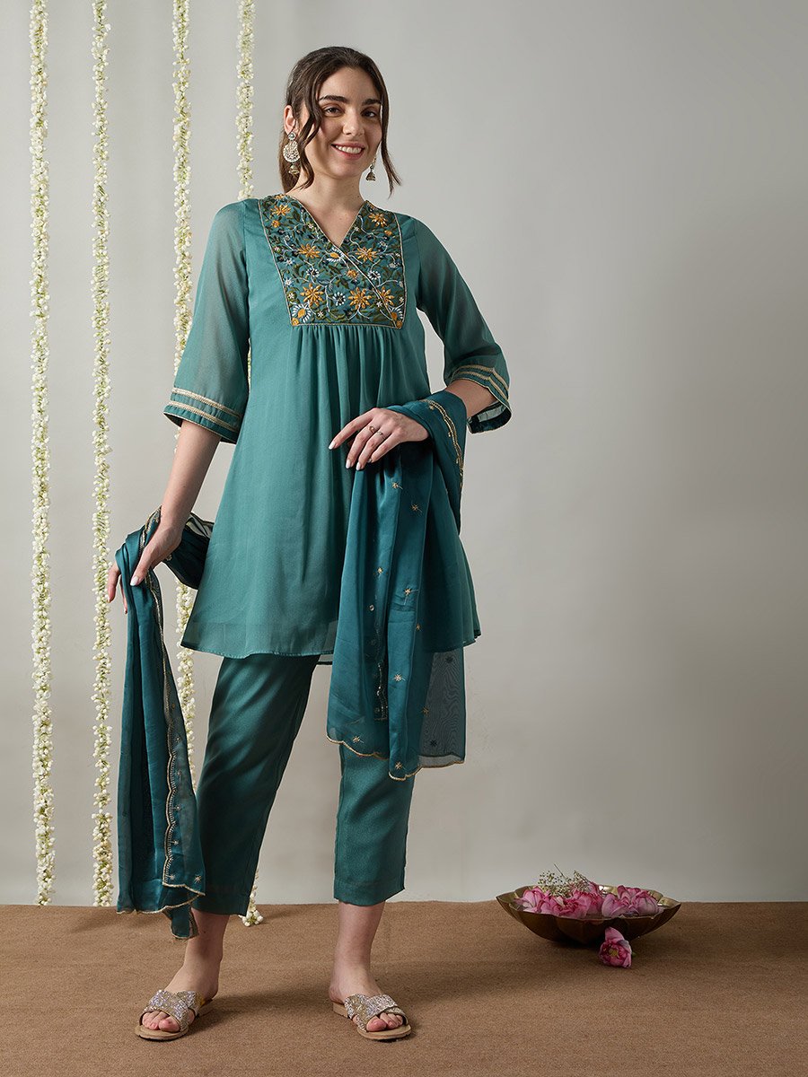 Teal Embroidered A-Line Kurta, Straight Pants and Dupatta Set