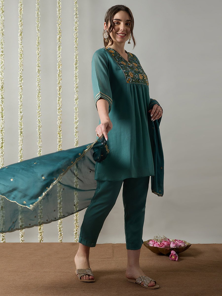 Teal Embroidered A-Line Kurta, Straight Pants and Dupatta Set