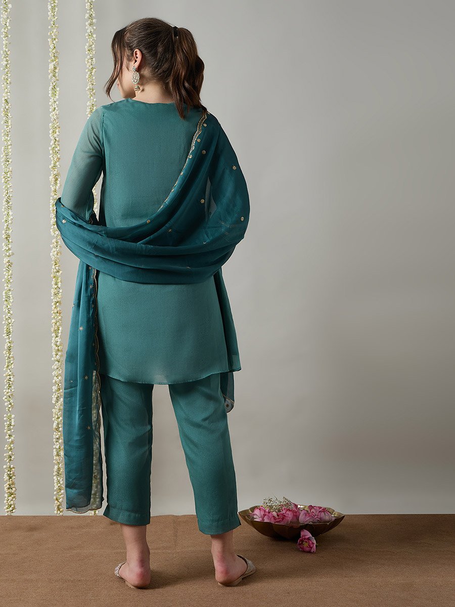 Teal Embroidered A-Line Kurta, Straight Pants and Dupatta Set