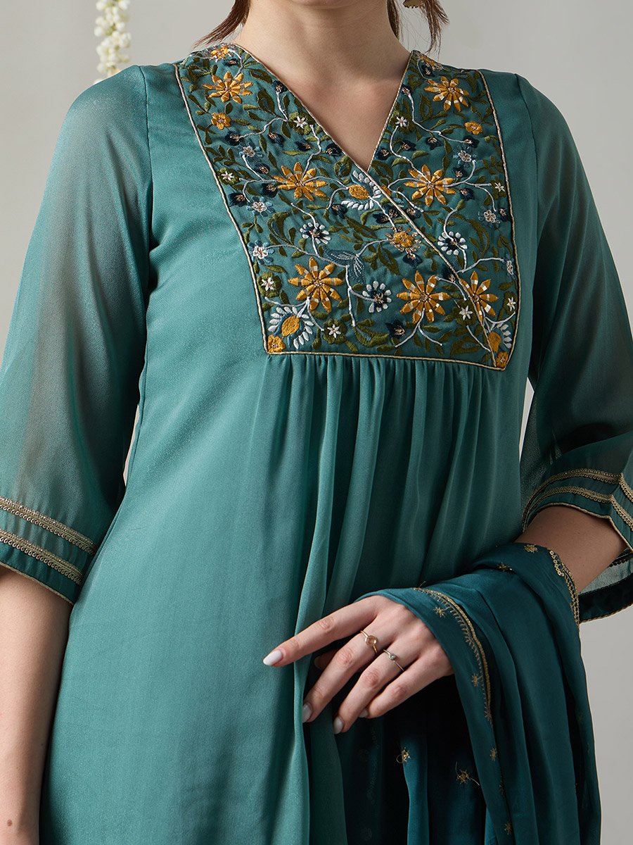 Teal Embroidered A-Line Kurta, Straight Pants and Dupatta Set
