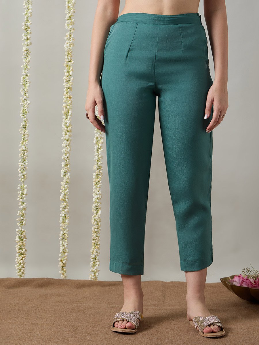 Teal Embroidered A-Line Kurta, Straight Pants and Dupatta Set