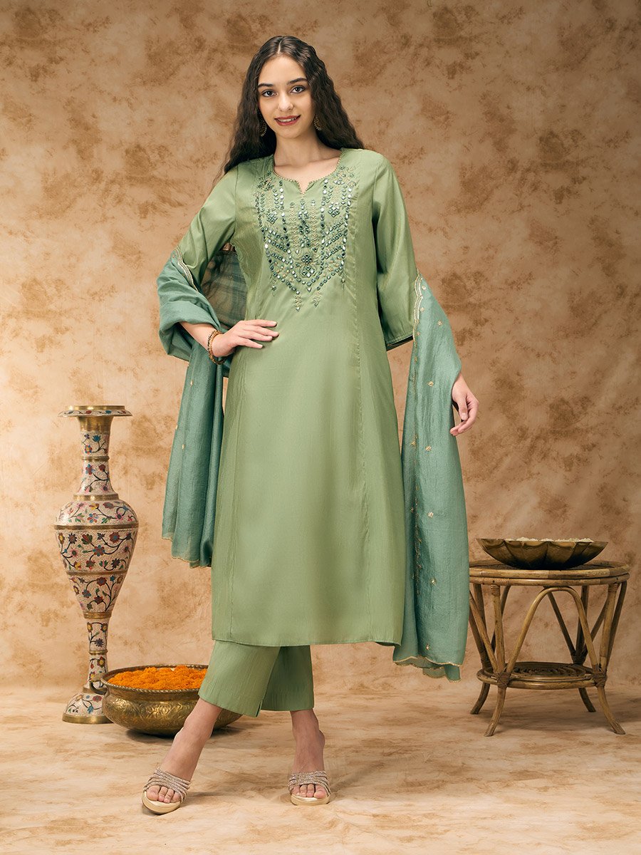 Green A-Line Mirror Work Kurta, Straight Pants and Dupatta Set