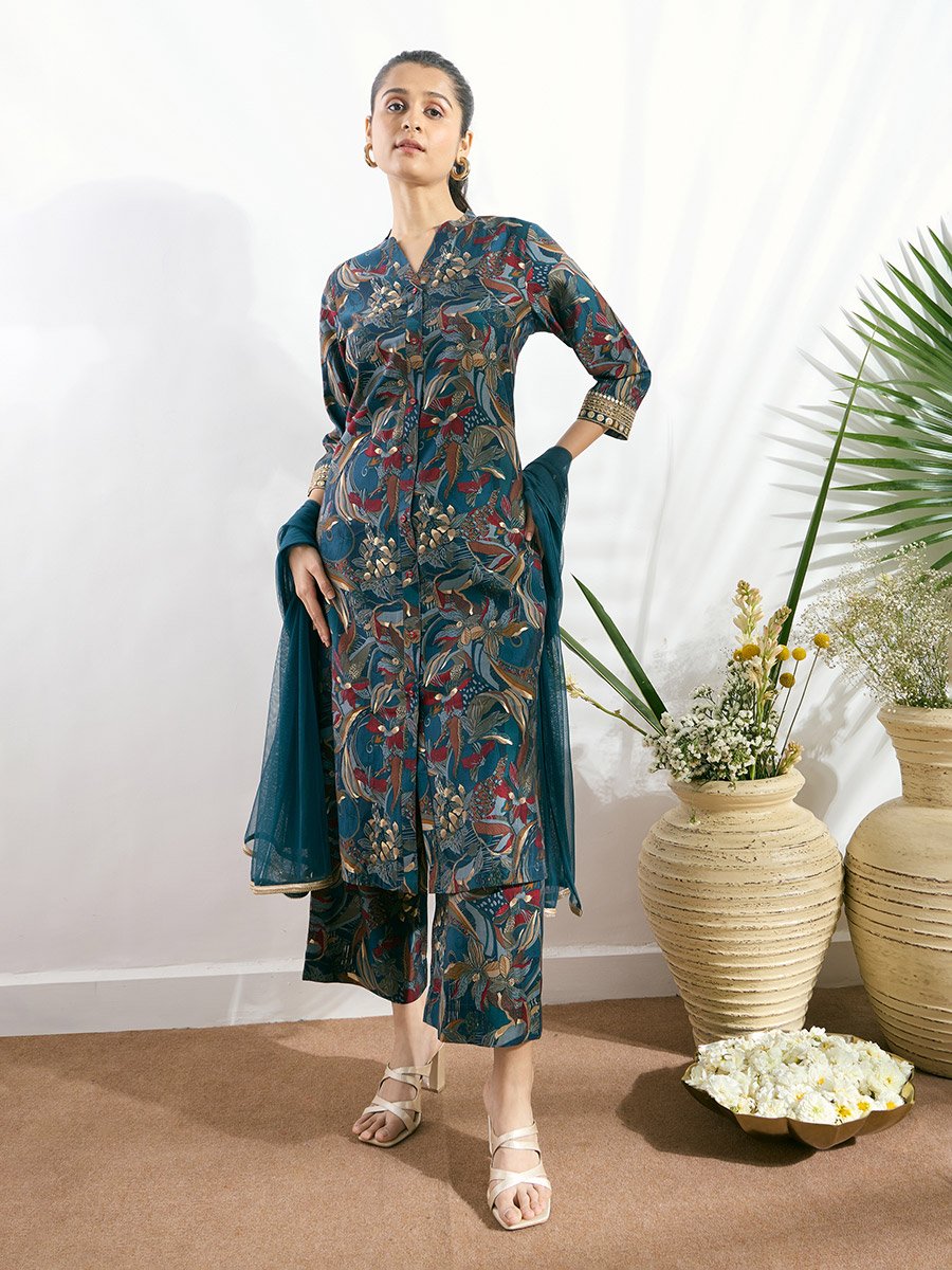 Blue Printed Button-Down Kurta, Straight Pants and Dupatta Set