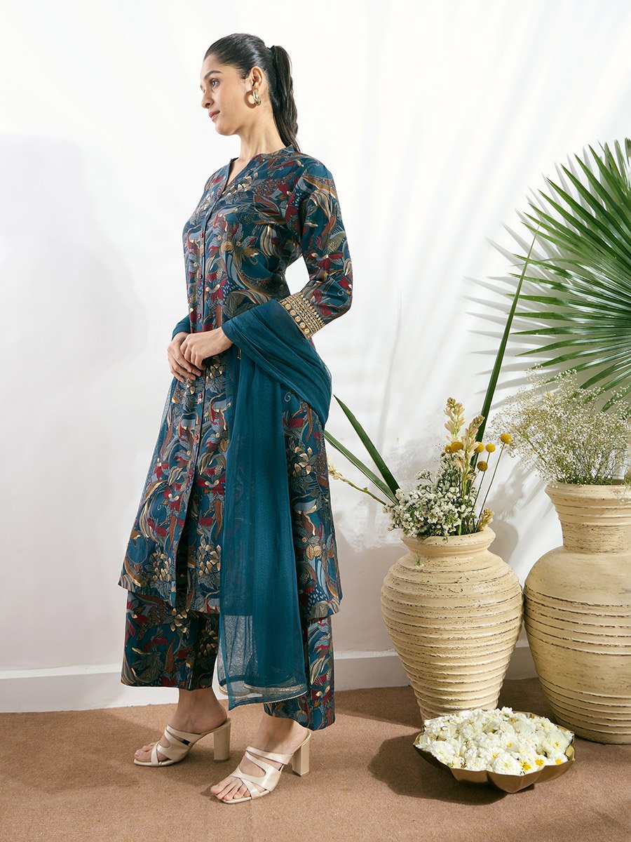 Blue Printed Button-Down Kurta, Straight Pants and Dupatta Set