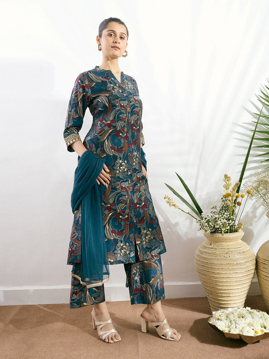 Blue Printed Button-Down Kurta, Straight Pants and Dupatta Set