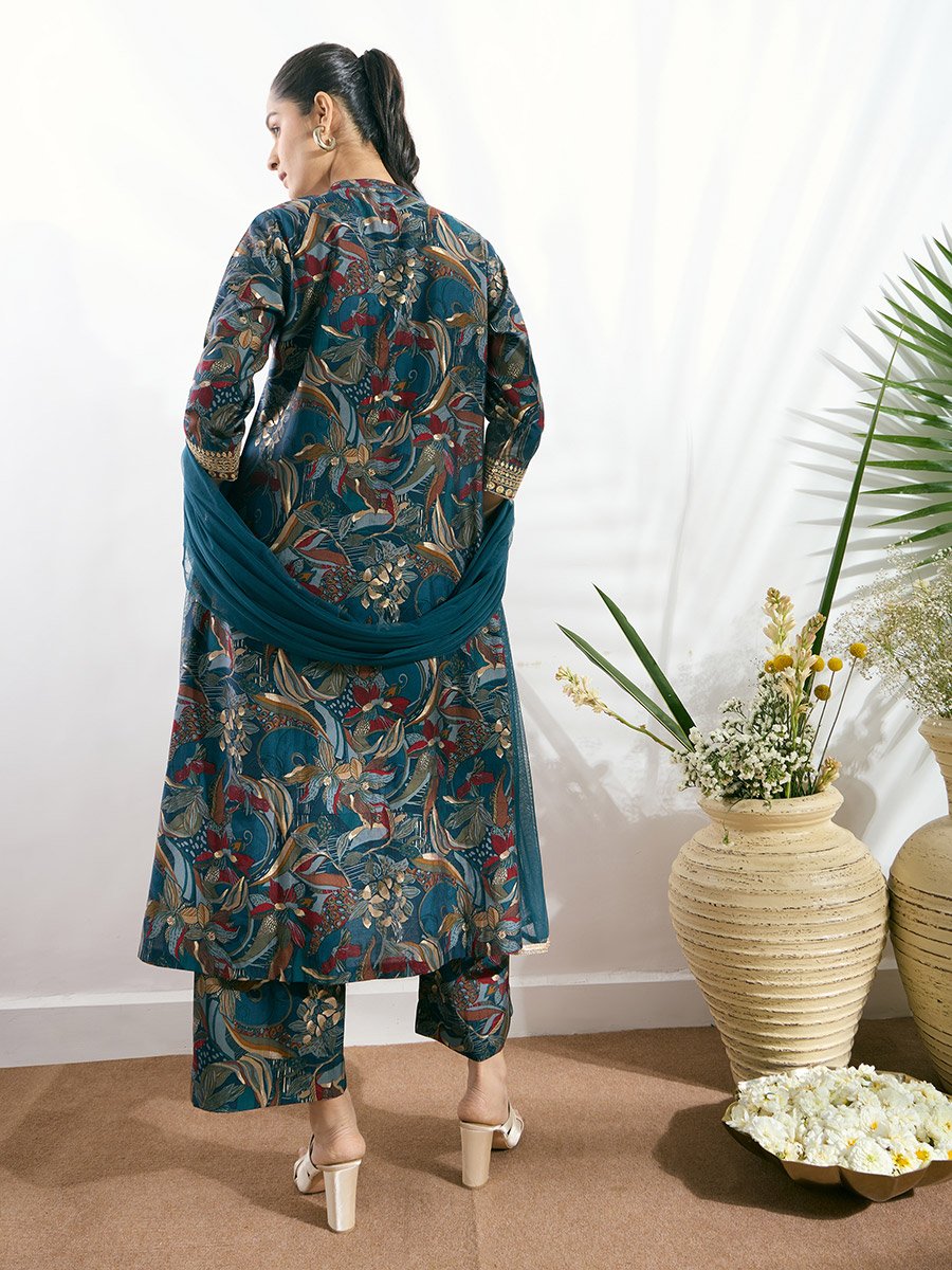 Blue Printed Button-Down Kurta, Straight Pants and Dupatta Set