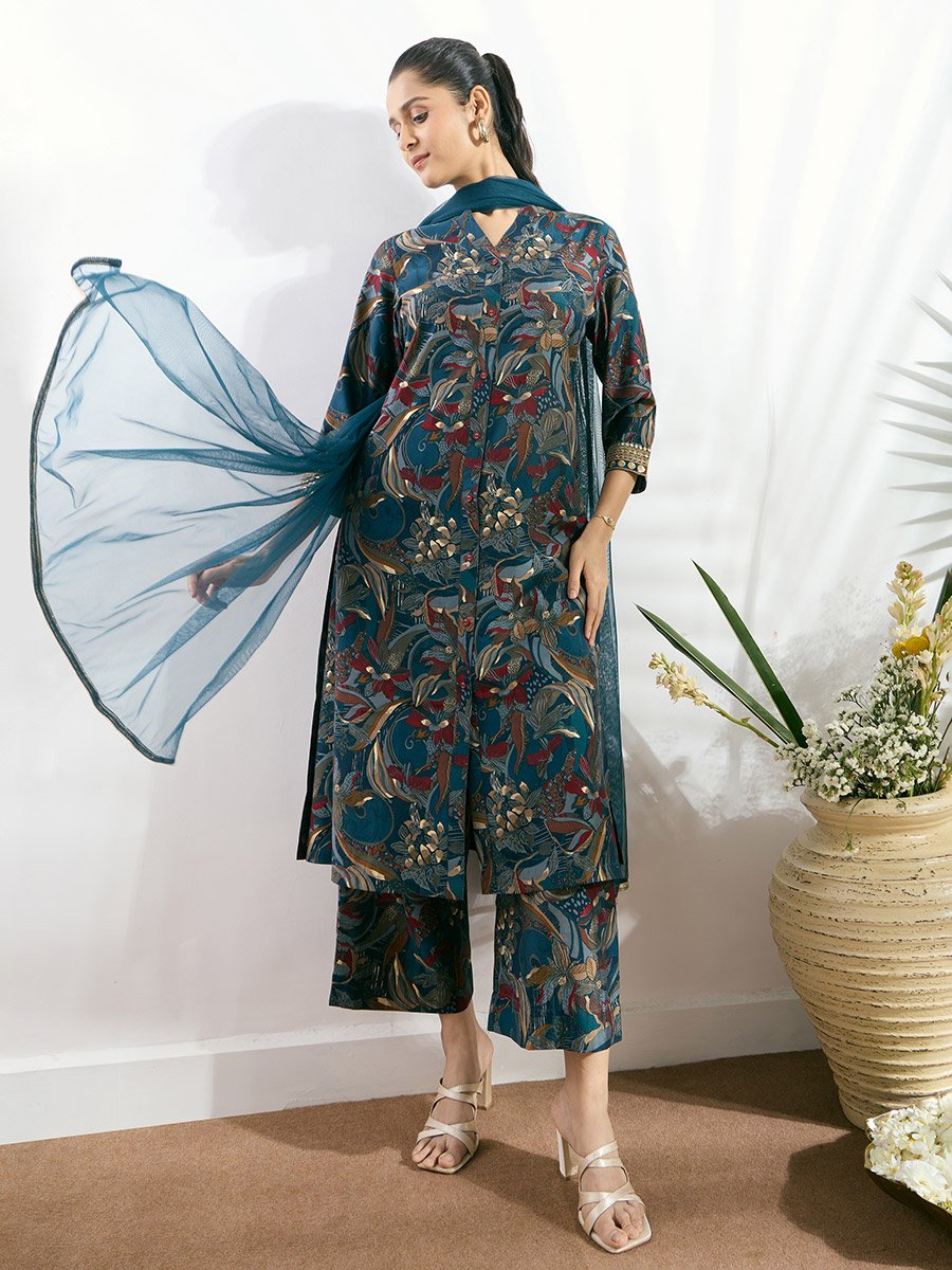 Blue Printed Button-Down Kurta, Straight Pants and Dupatta Set