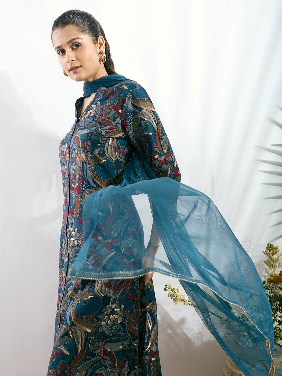 Blue Printed Button-Down Kurta, Straight Pants and Dupatta Set