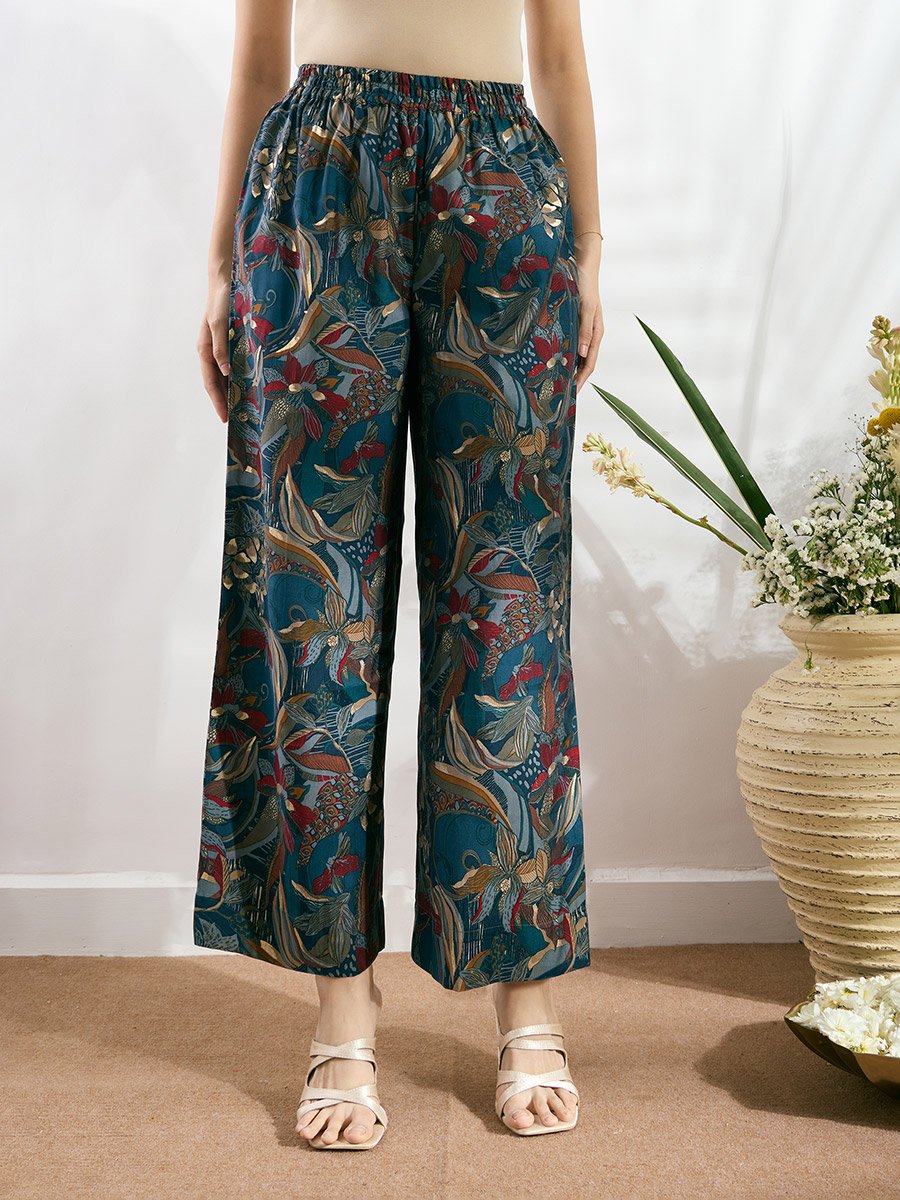 Blue Printed Button-Down Kurta, Straight Pants and Dupatta Set