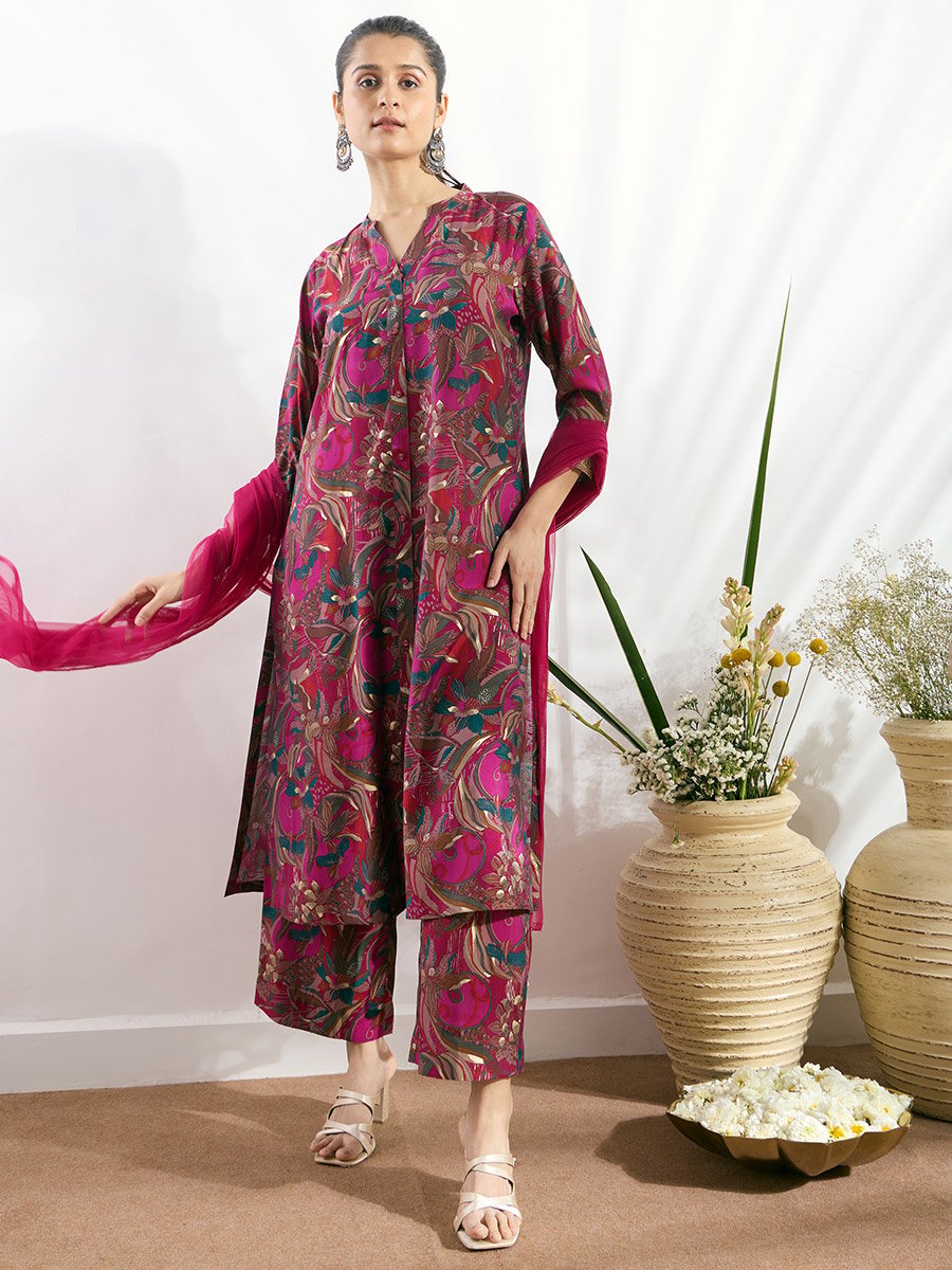 Pink Printed Button-Down Kurta, Straight Pants and Dupatta Set