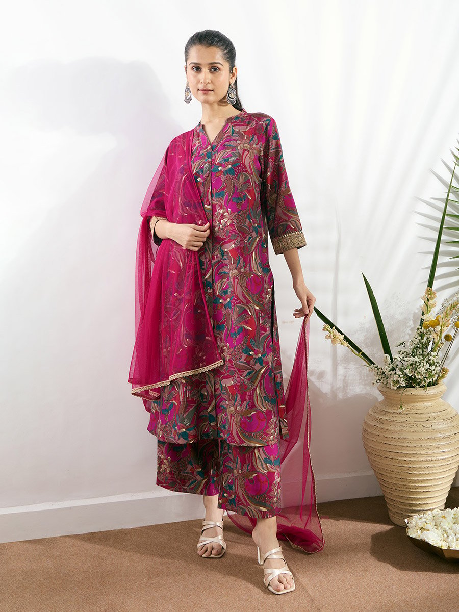 Pink Printed Button-Down Kurta, Straight Pants and Dupatta Set