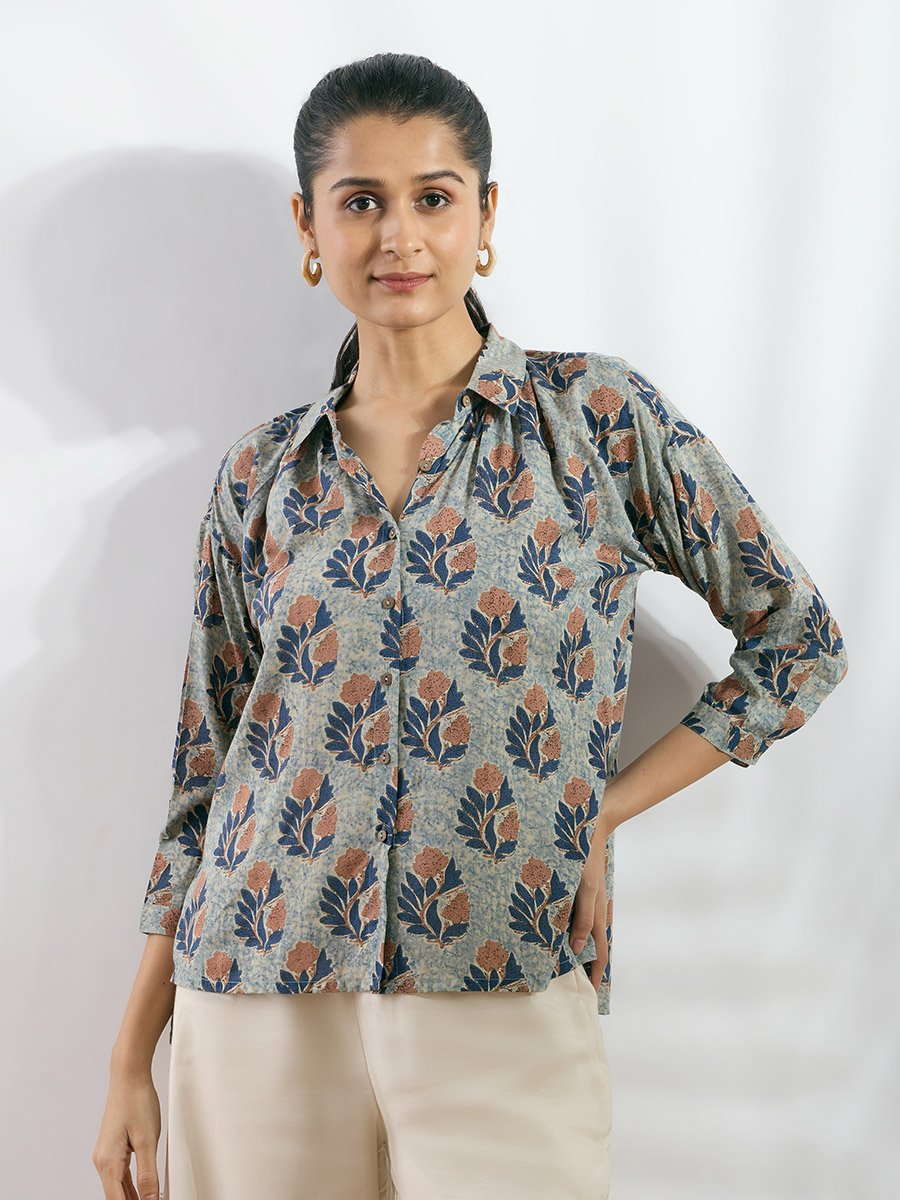 Blue Modal Printed Boxy Fit Shirt