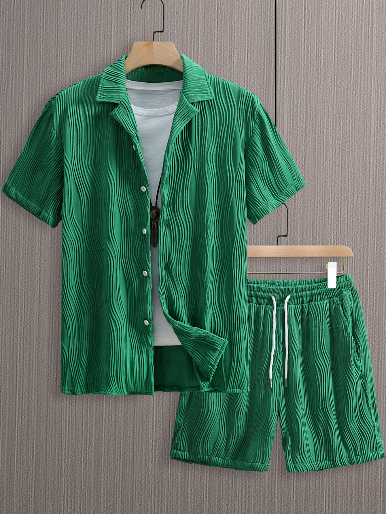 Men Plus Size Textured Shirt and Shorts Co-ord Set