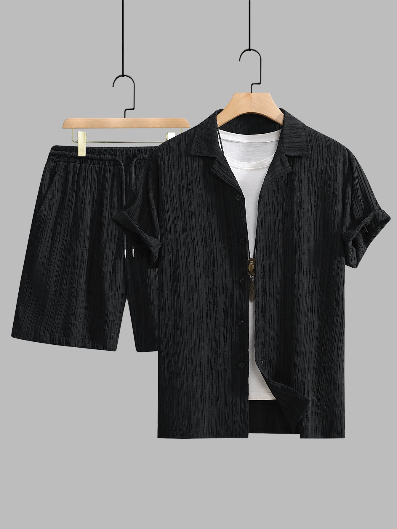 Men Plus Size Textured Shirt and Shorts Co-ord Set