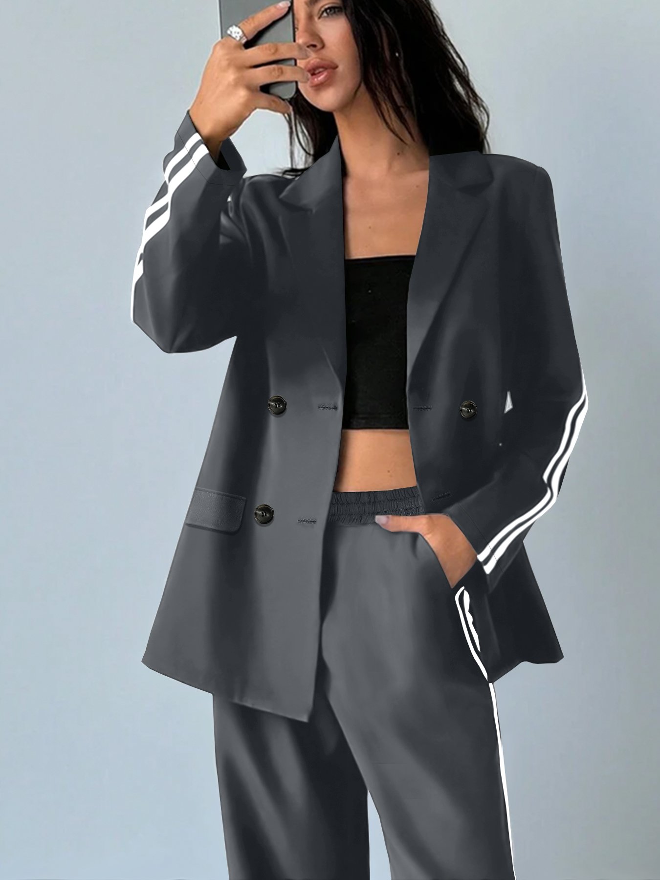 Grey Side Striped Trim Blazer and Trousers Co-ord Set