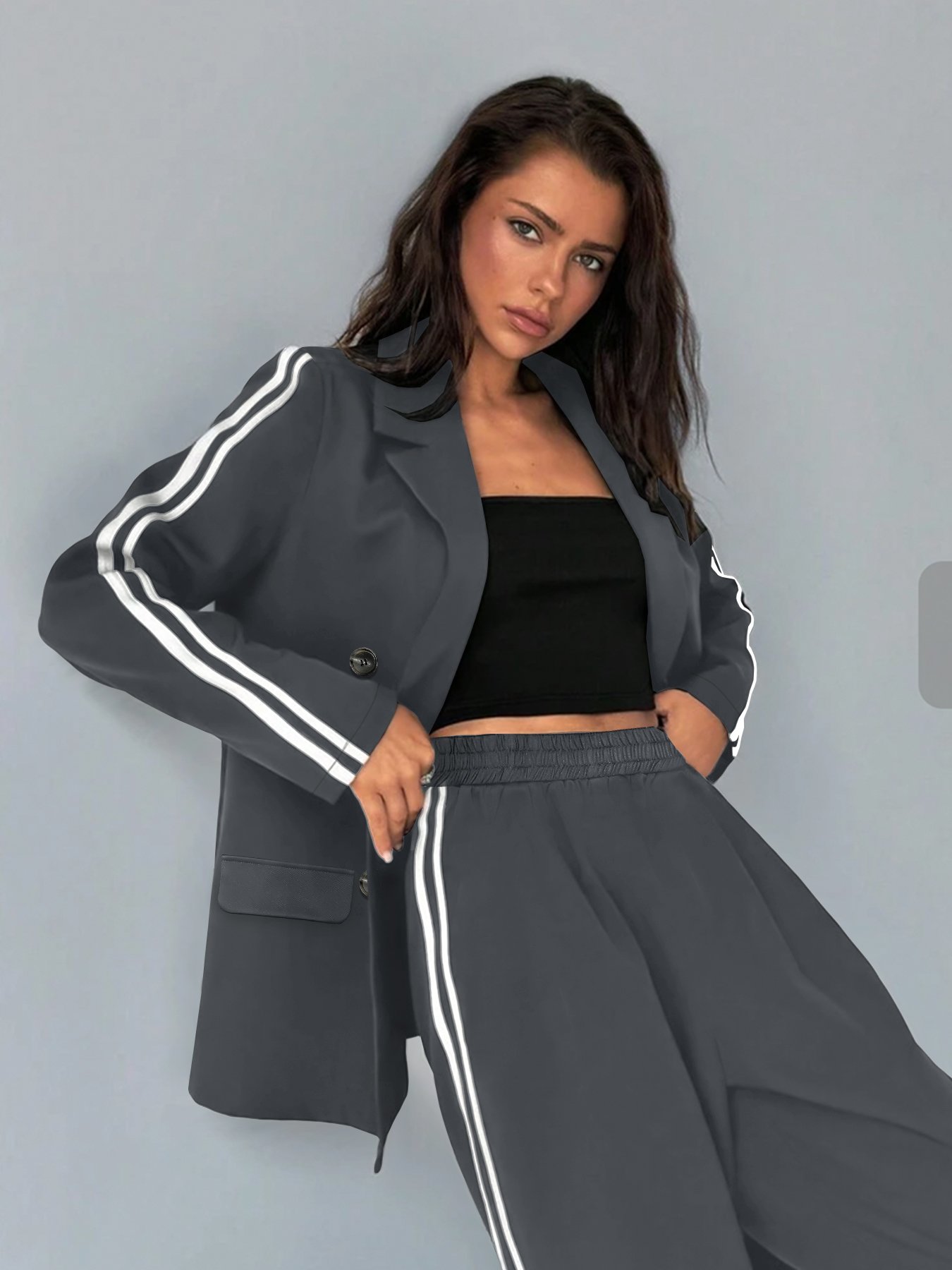 Grey Side Striped Trim Blazer and Trousers Co-ord Set