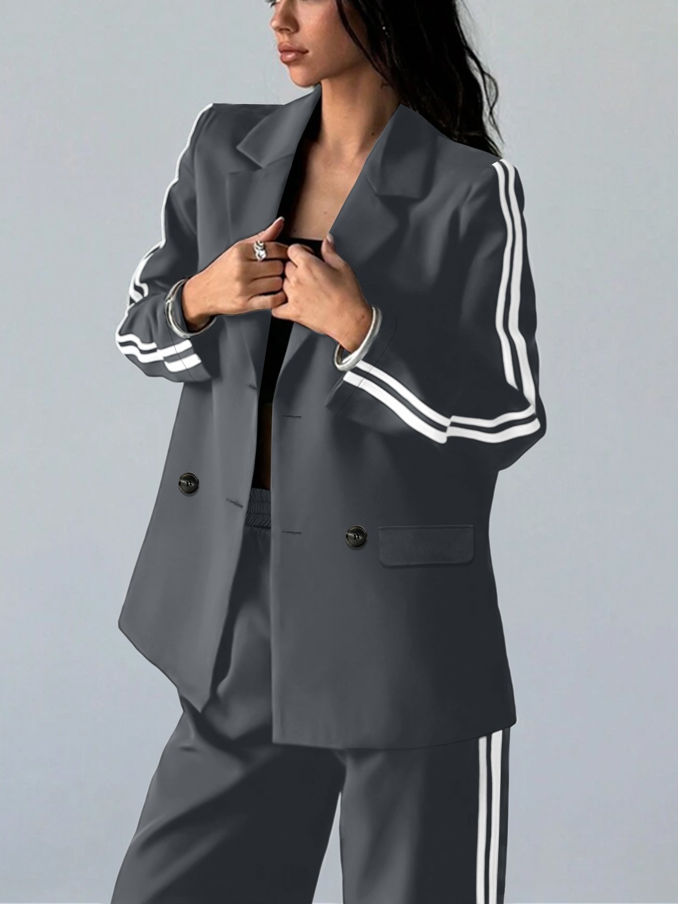 Grey Side Striped Trim Blazer and Trousers Co-ord Set