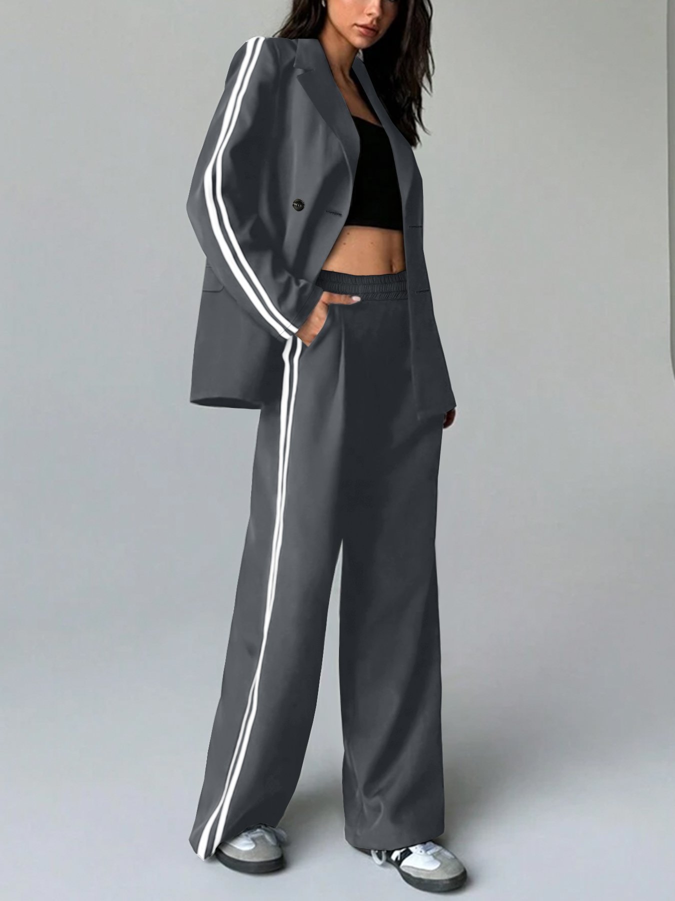 Grey Side Striped Trim Blazer and Trousers Co-ord Set