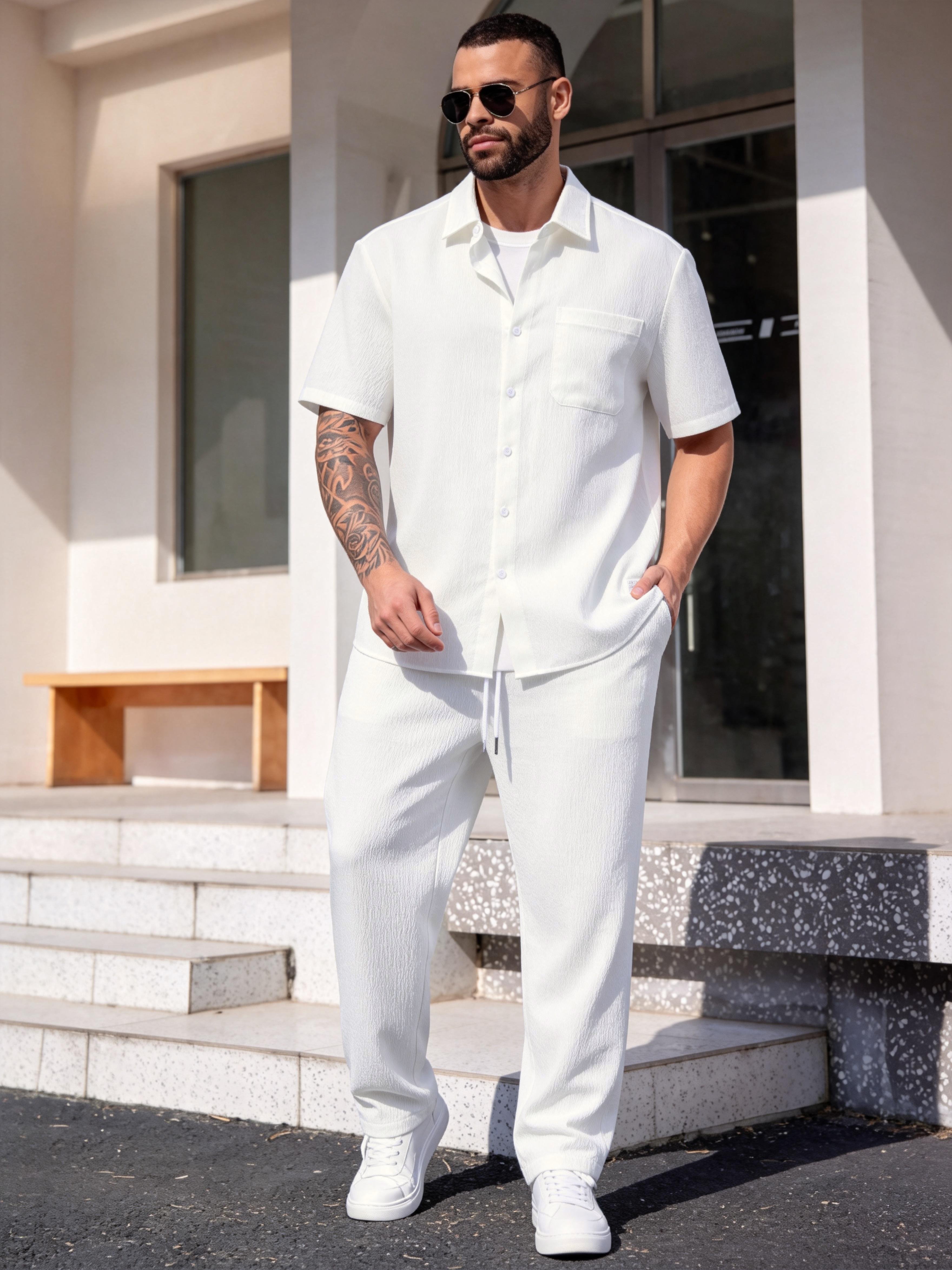 Men Plus Size Textured Shirt and Pants Co-ord Set