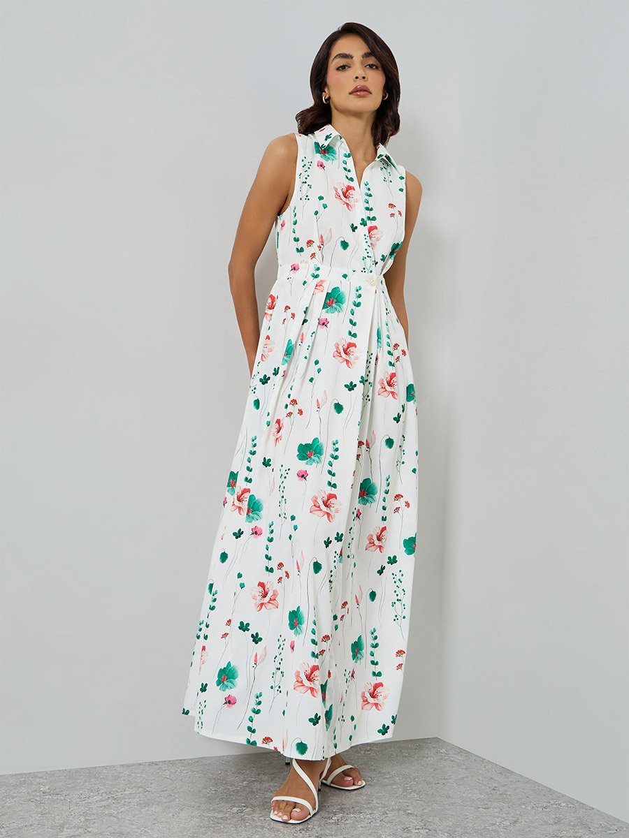 Floral Print Sleeveless A-Line Maxi Dress