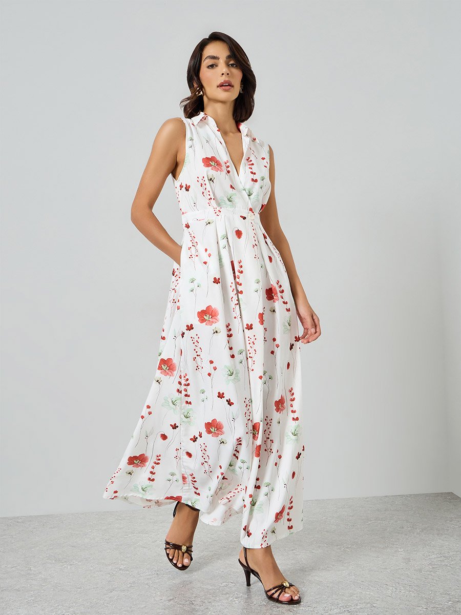 Floral Print Sleeveless A-Line Maxi Dress
