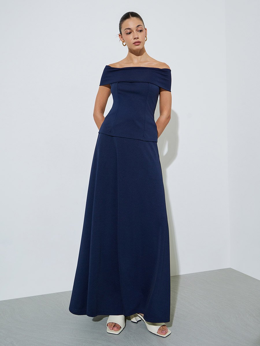 Navy Blue A-Line Maxi Skirt with Belt
