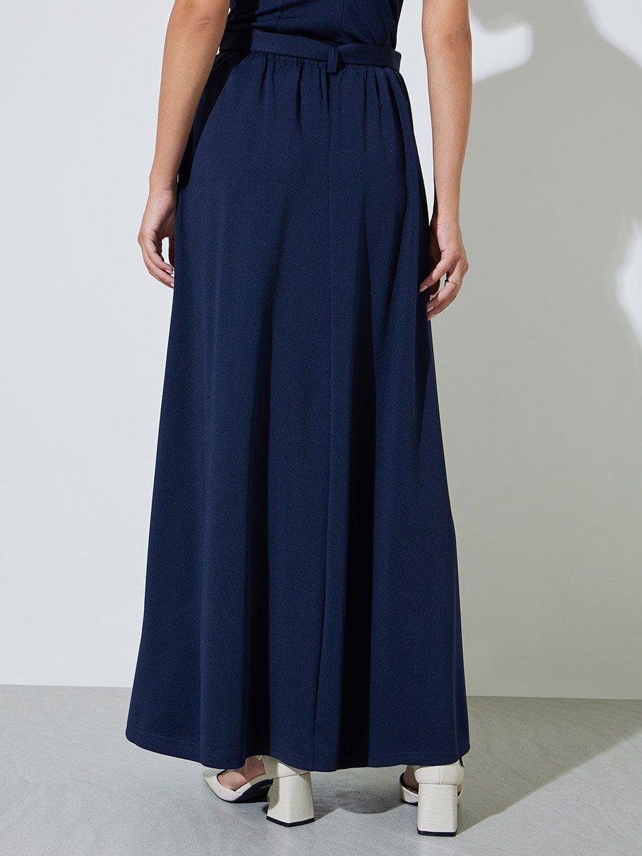 Navy Blue A-Line Maxi Skirt with Belt