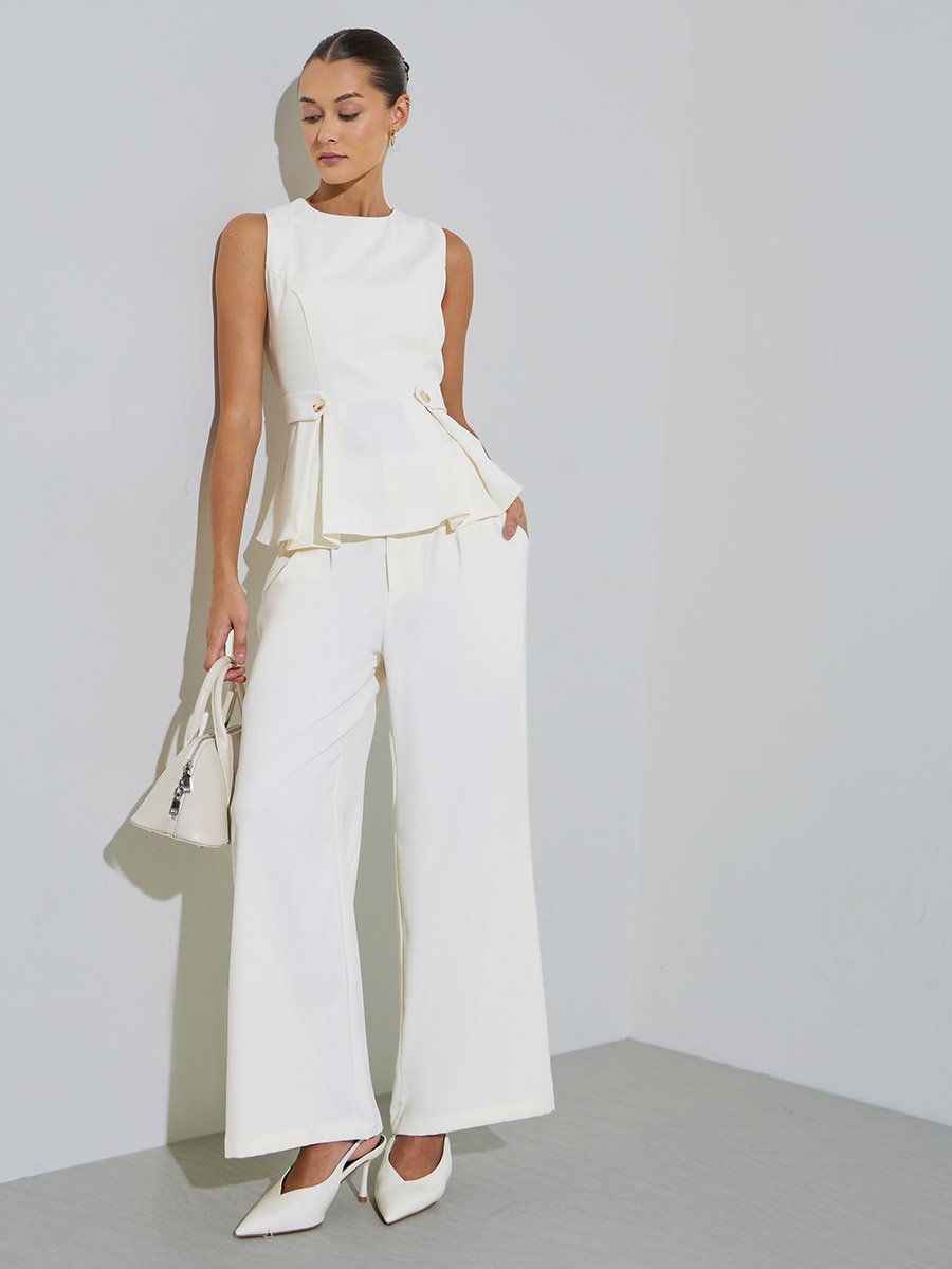 Off White Solid Pleated Wide Leg Pants
