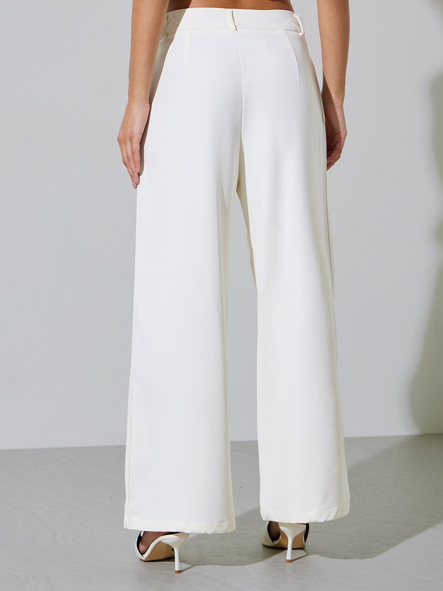 Off White Solid Pleated Wide Leg Pants
