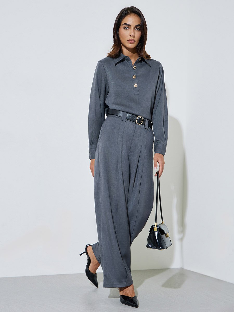 Charcoal Wide Leg Trousers with Belt Loops