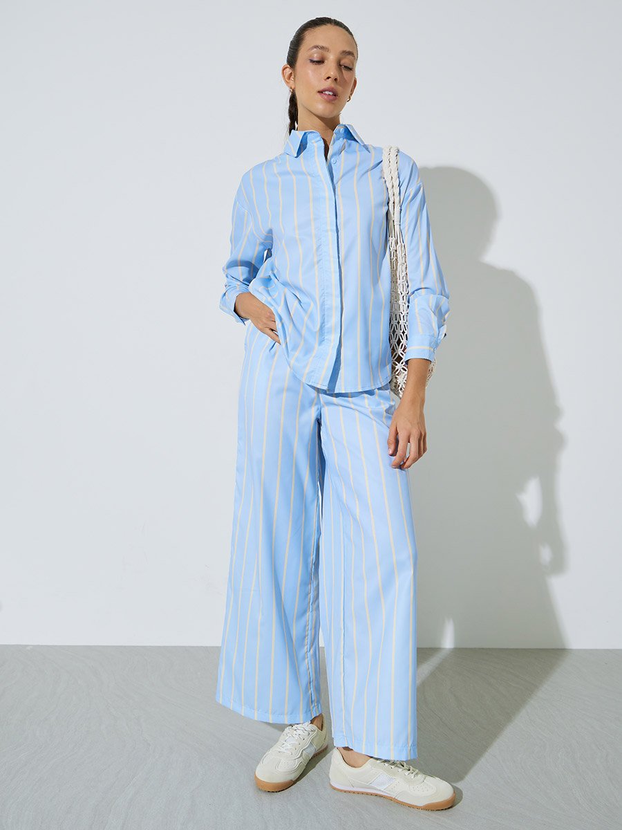 Light Blue Striped Wide Leg Trousers with Side Pocket