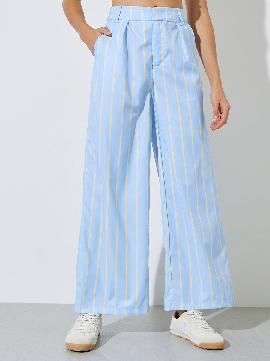 Light Blue Striped Wide Leg Trousers with Side Pocket