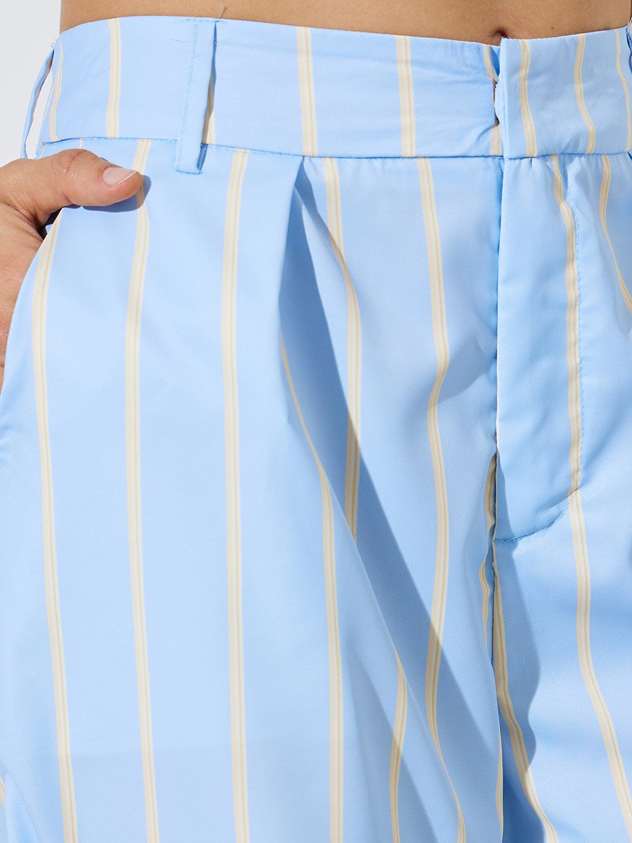 Light Blue Striped Wide Leg Trousers with Side Pocket