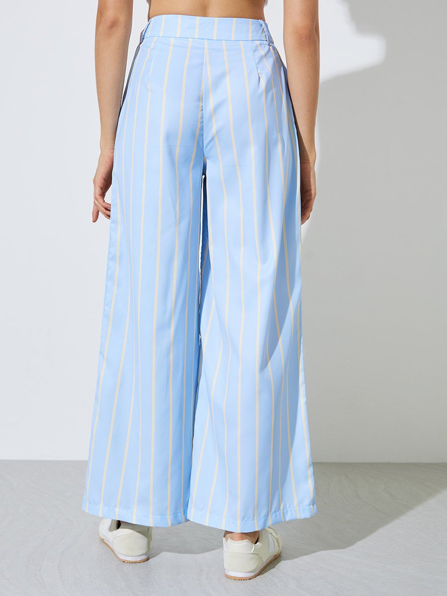 Light Blue Striped Wide Leg Trousers with Side Pocket