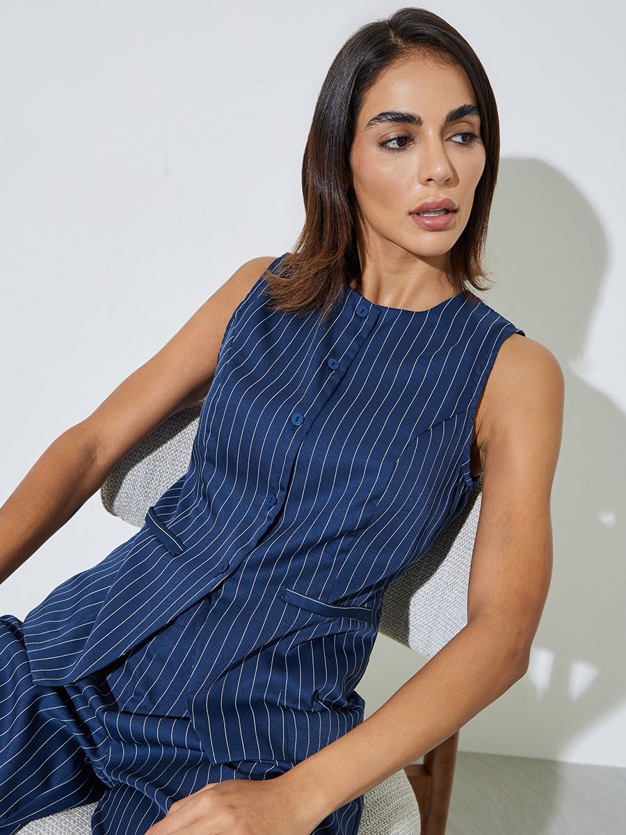 Navy Blue Pinstripe Sleeveless Waistcoat