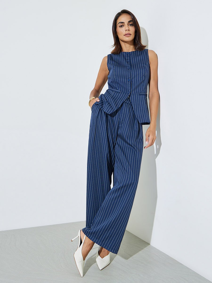 Navy Blue Pinstripe Sleeveless Waistcoat
