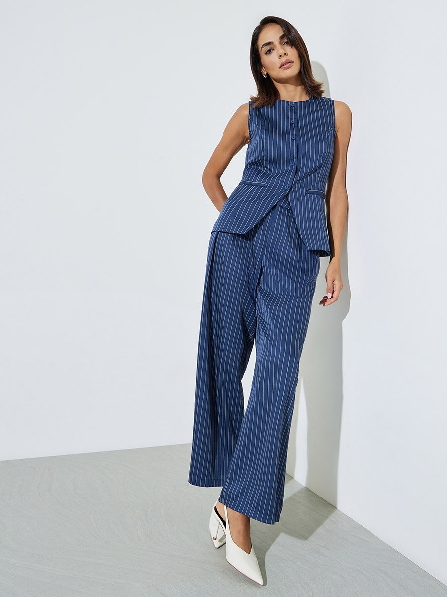 Navy Blue Pinstripe Wide Leg Trousers