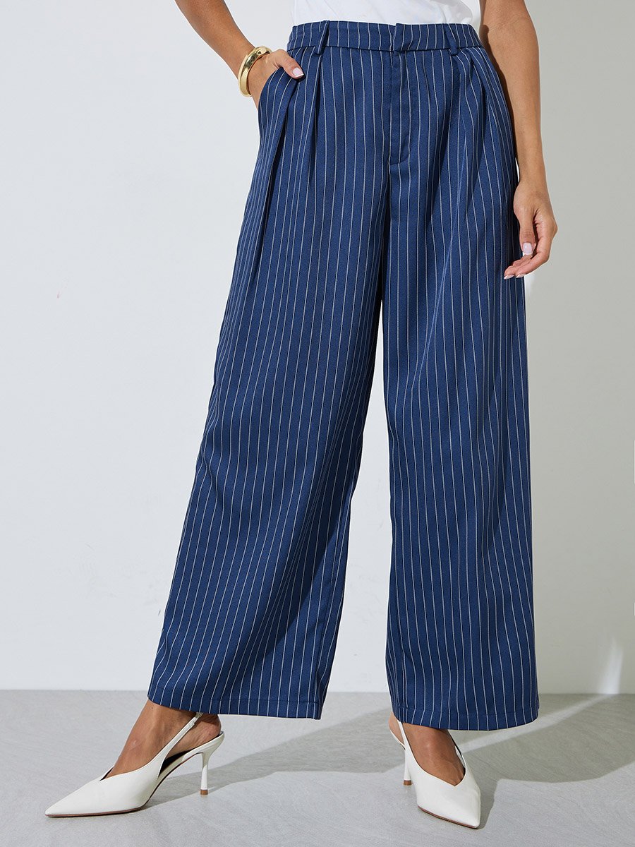 Navy Blue Pinstripe Wide Leg Trousers