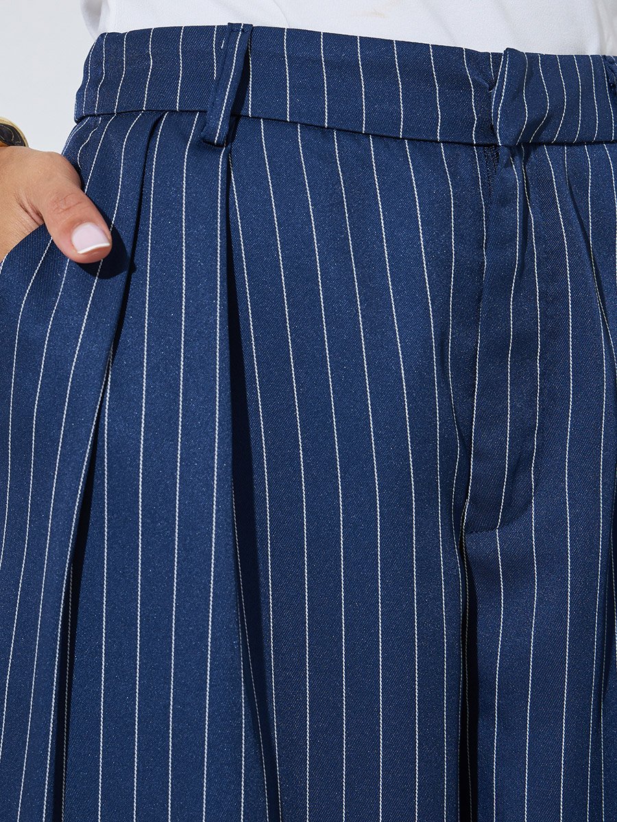 Navy Blue Pinstripe Wide Leg Trousers