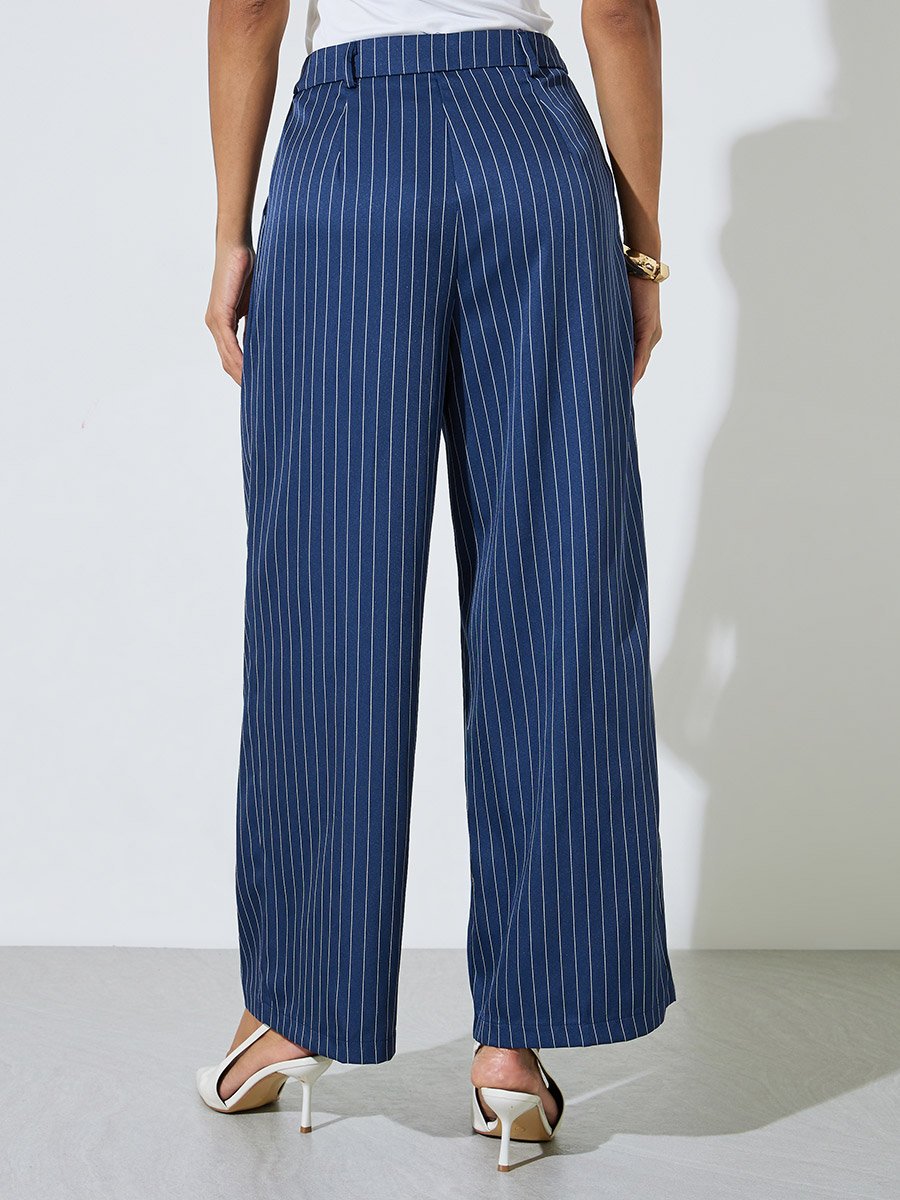 Navy Blue Pinstripe Wide Leg Trousers