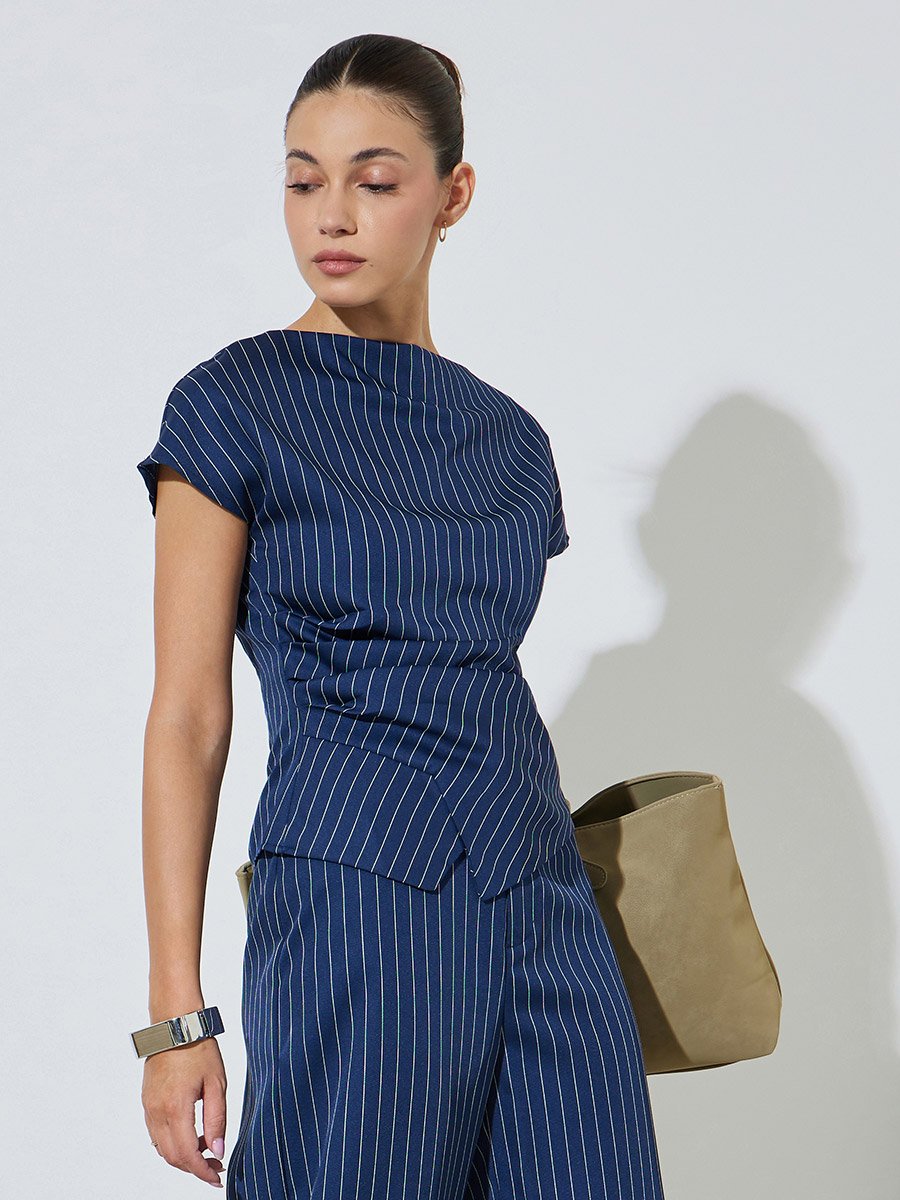 Navy Blue Pinstripe Asymmetric Hem Top