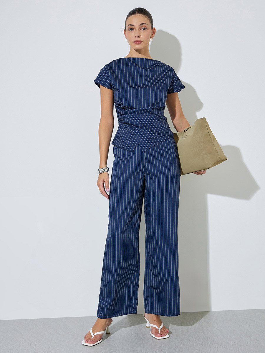 Navy Blue Pinstripe Asymmetric Hem Top