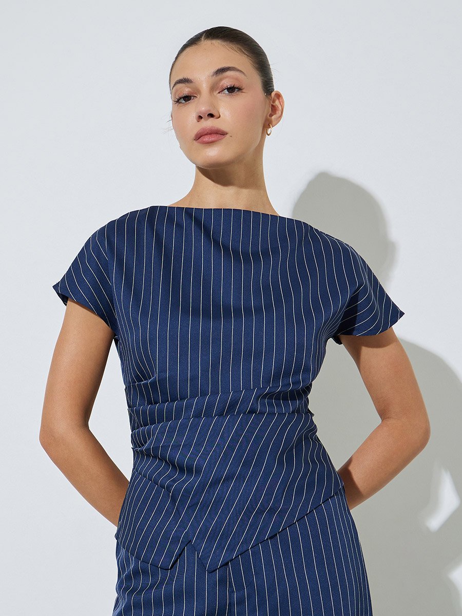 Navy Blue Pinstripe Asymmetric Hem Top