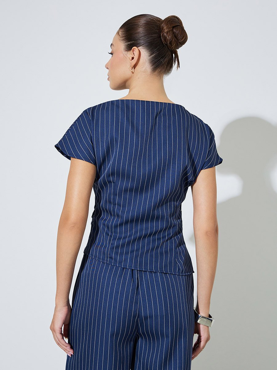 Navy Blue Pinstripe Asymmetric Hem Top
