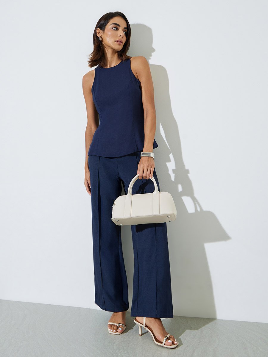 Navy Blue Racer Neck Sleeveless Top