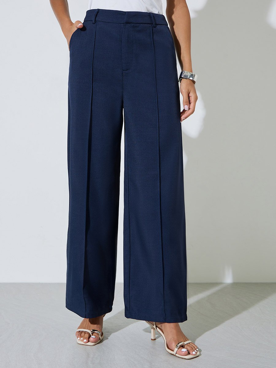 Navy Blue Solid Wide Leg Trousers