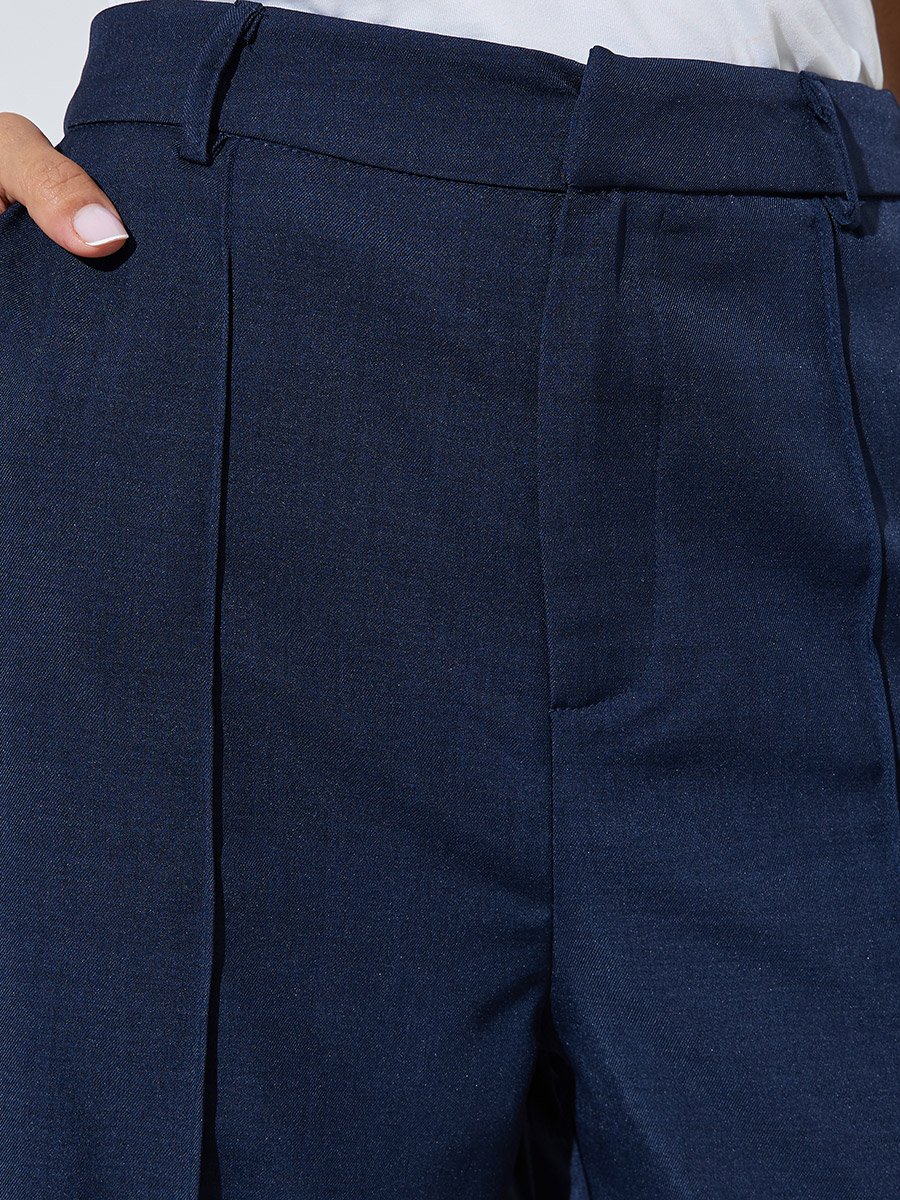 Navy Blue Solid Wide Leg Trousers