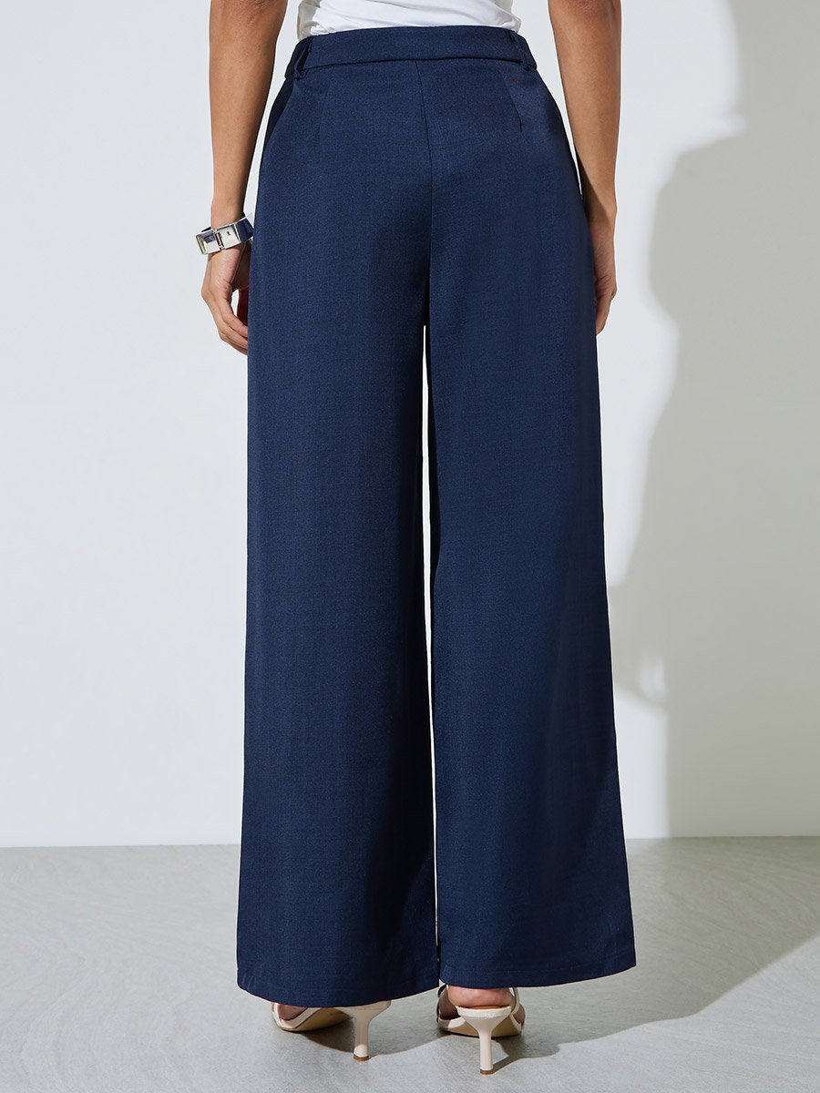 Navy Blue Solid Wide Leg Trousers